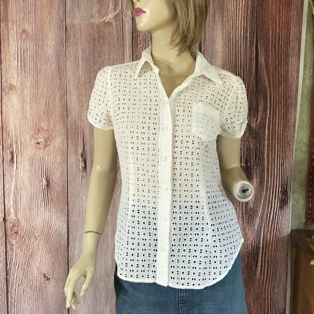 New York & Company White Eyelet Top Small